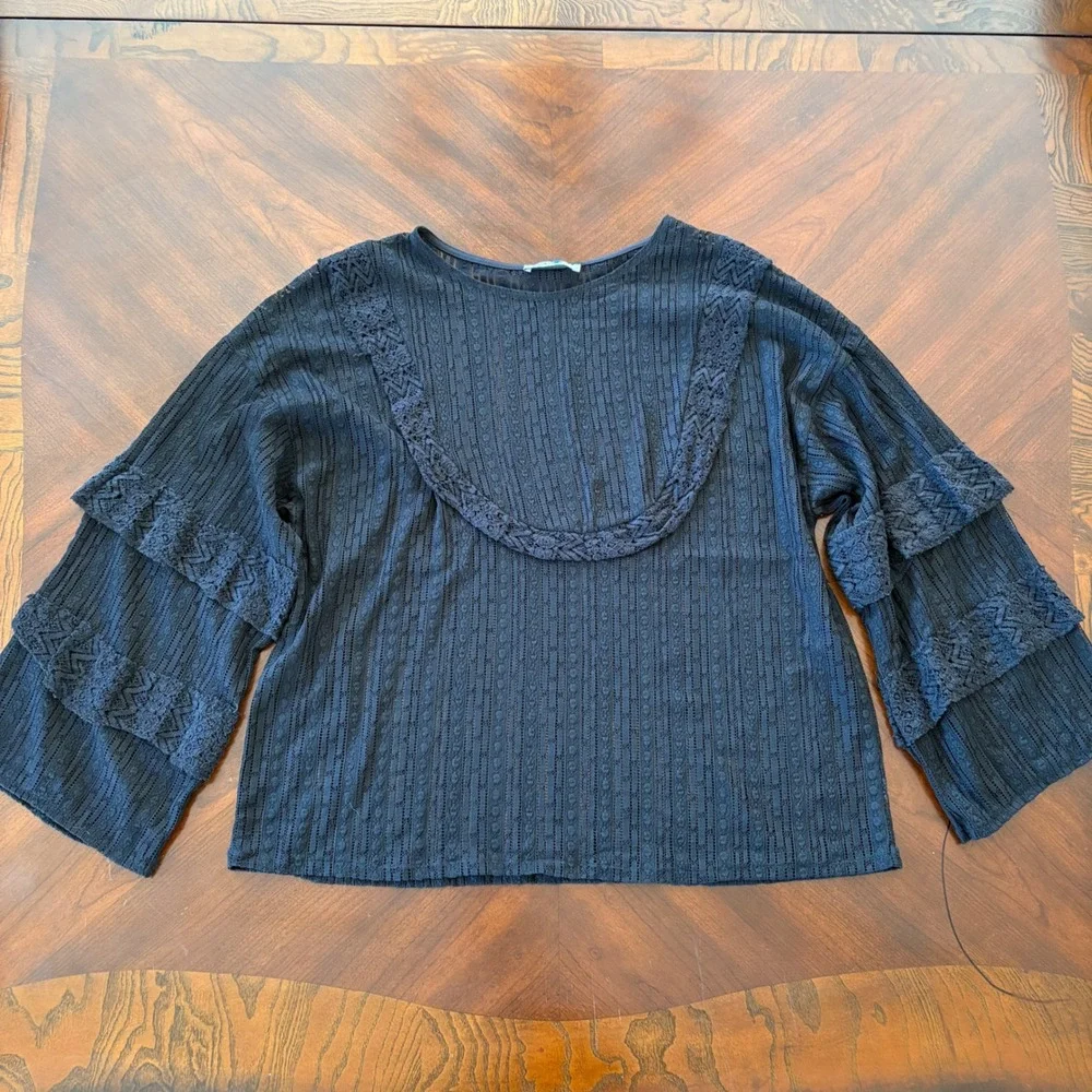 Zara Black Lace Top Medium Whimsigoth Sheer Ruffle Tiered Blouse M‎